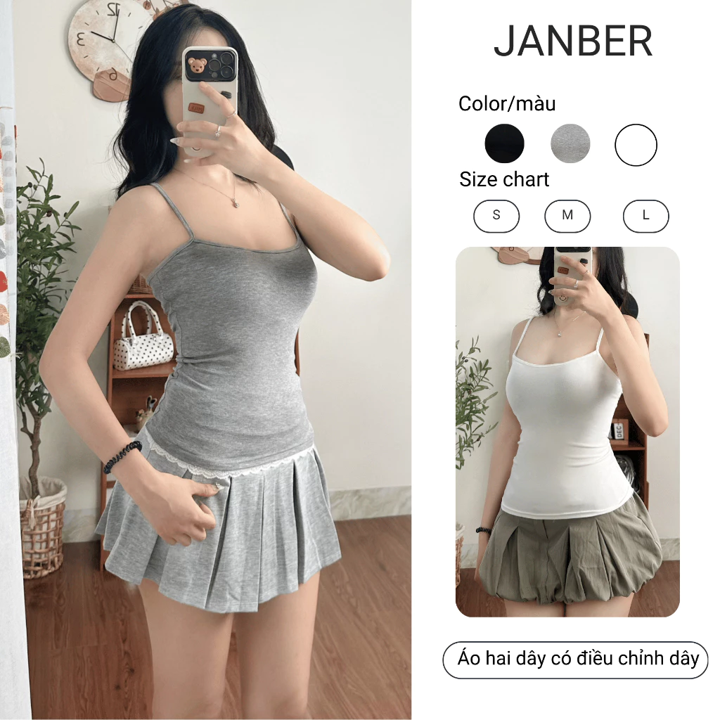 Áo Hai Dây Nữ Basic Ôm Body Chất Cotton Zip Mềm Mại Co Giãn