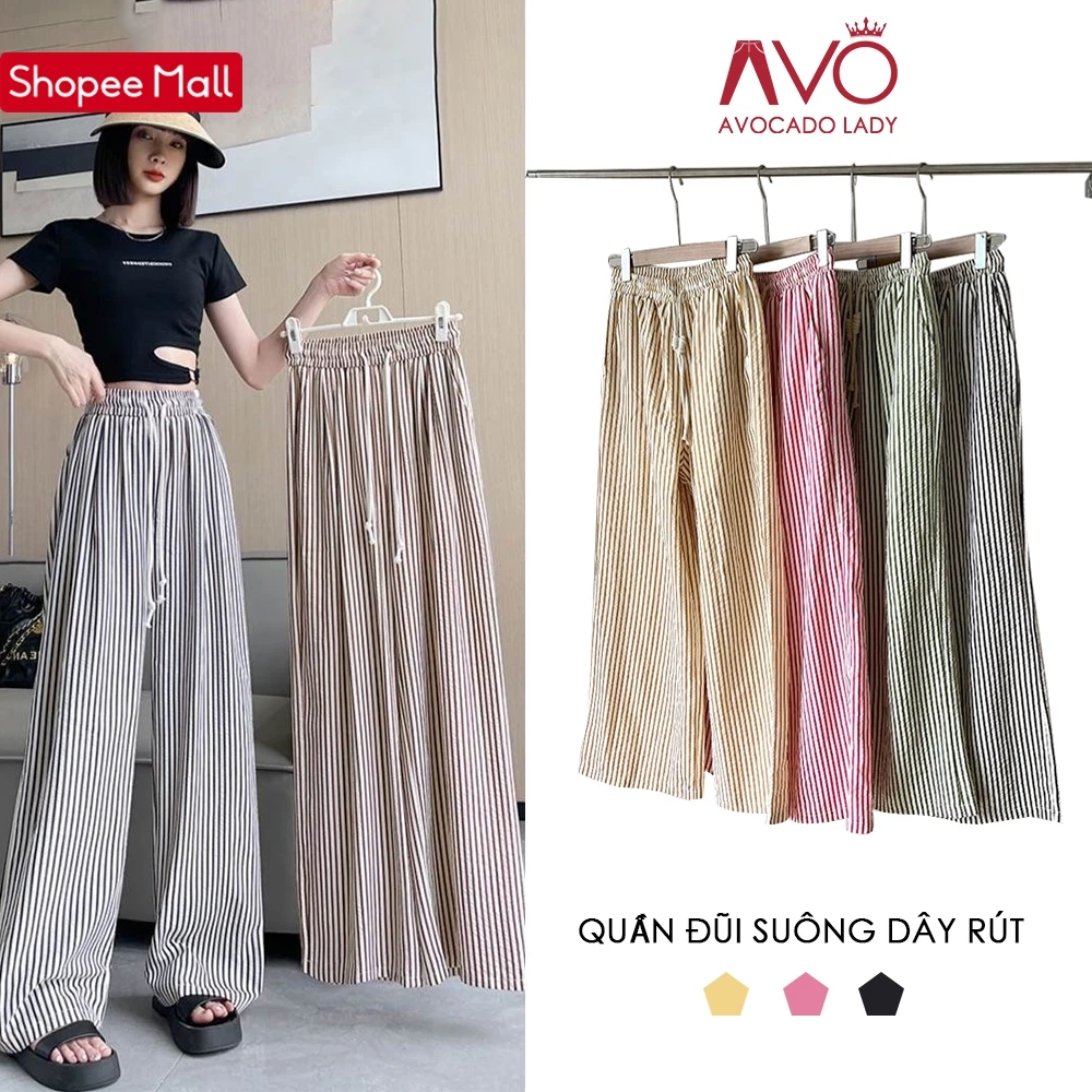 Quần Vải Dài Kẻ Sọc Ống Suông Rộng Nữ Avo Avocado Chất Liệu Đũi Xốp Dầy Dặn Mềm Mát
