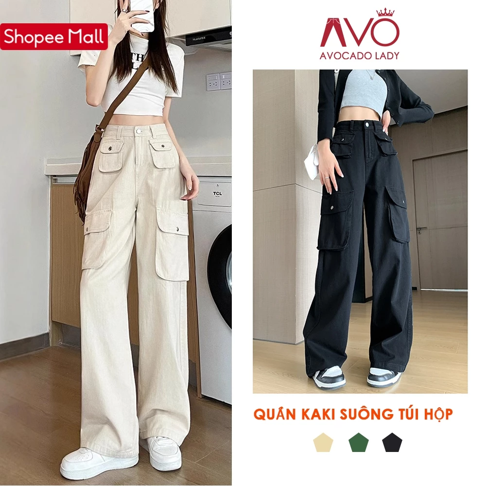 Quần Dài kaki túi hộp ống suông nữ lưng cao form rộng xuông cạp cao Avo Avocado