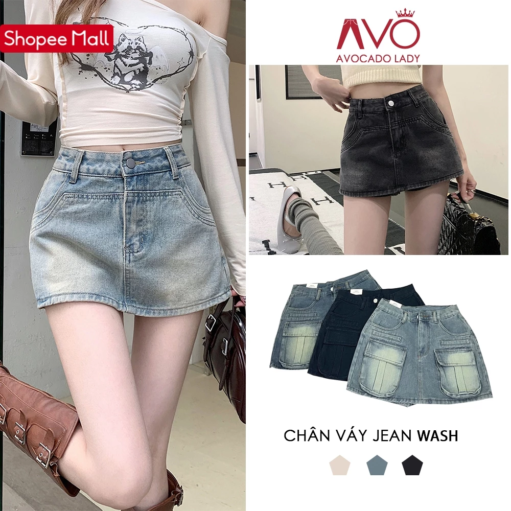 Chân váy Jean bò nữ Avo Avocado cạp cao cực ôm eo tôn dáng kèm quần trong