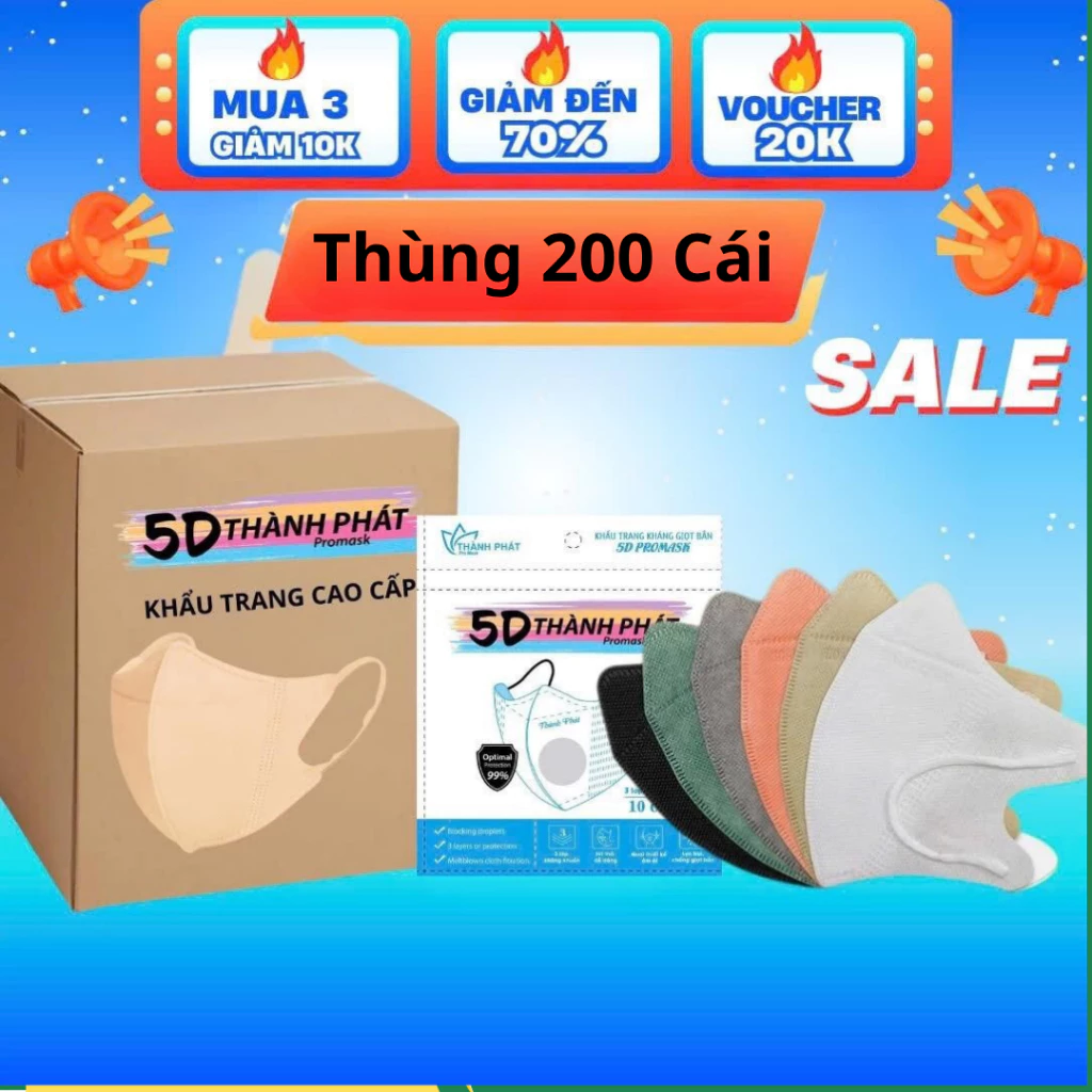 [Thùng 200 Cái] Khẩu trang 5D Kháng Giọt , Bụi , Tia UV 3 Lớp Hàng Chính Hãng THÀNH PHÁT