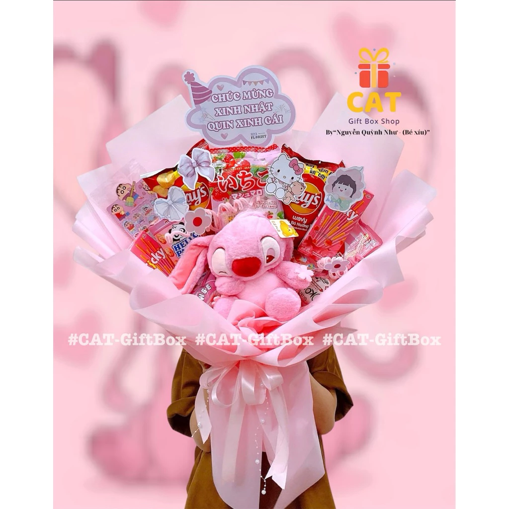 Set quà sinh nhật Stitch hồng, quà bánh kẹo màu hồng, gấu bông Stitch hồng, bó hoa bánh kẹo, quà tặng bạn gái, bé gái