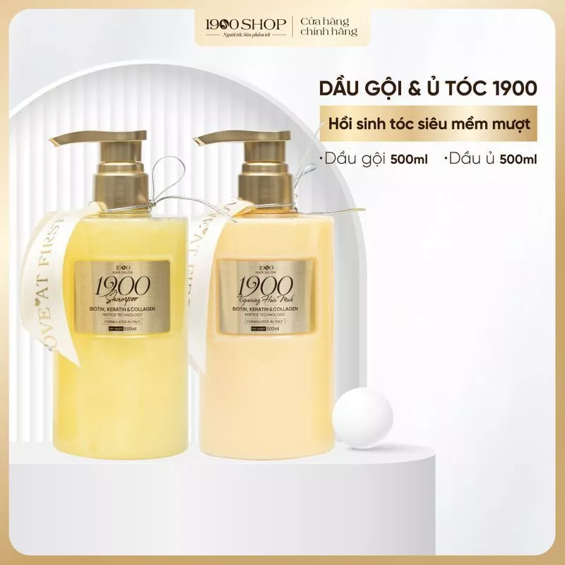 Bộ dầu gội dầu ủ cao cấp 1900 Hair Salon 500ml x2 chứa Biotin,Keratin tinh luyện dưỡng tóc chắc khoẻ