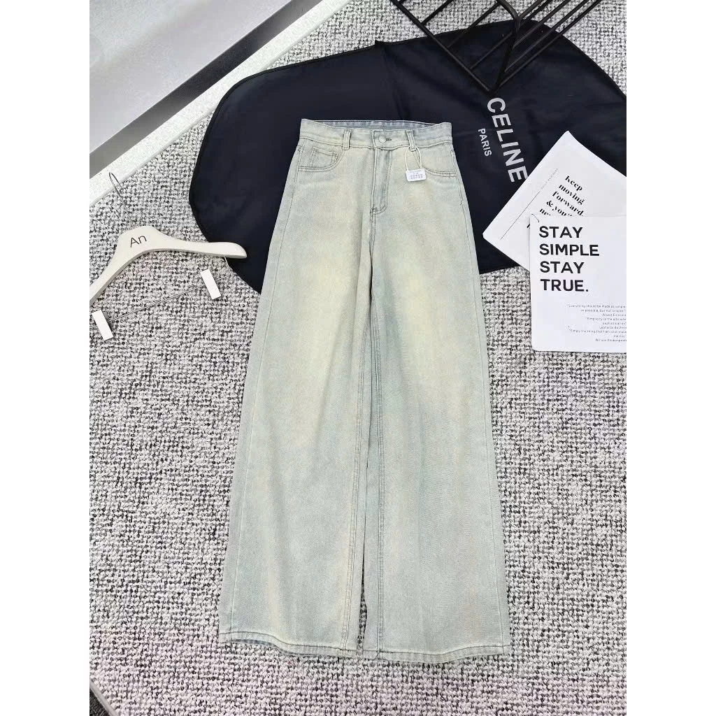 Quần bò jeans ống suông cạp cao màu xanh ánh bạc trơn cạp cao hack dáng