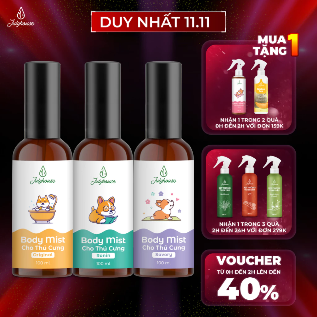 Bodymist xịt thơm khử mùi cho chó mèo JULYHOUSE 20ml/100ml dưỡng da lông, thơm lâu hương nước hoa