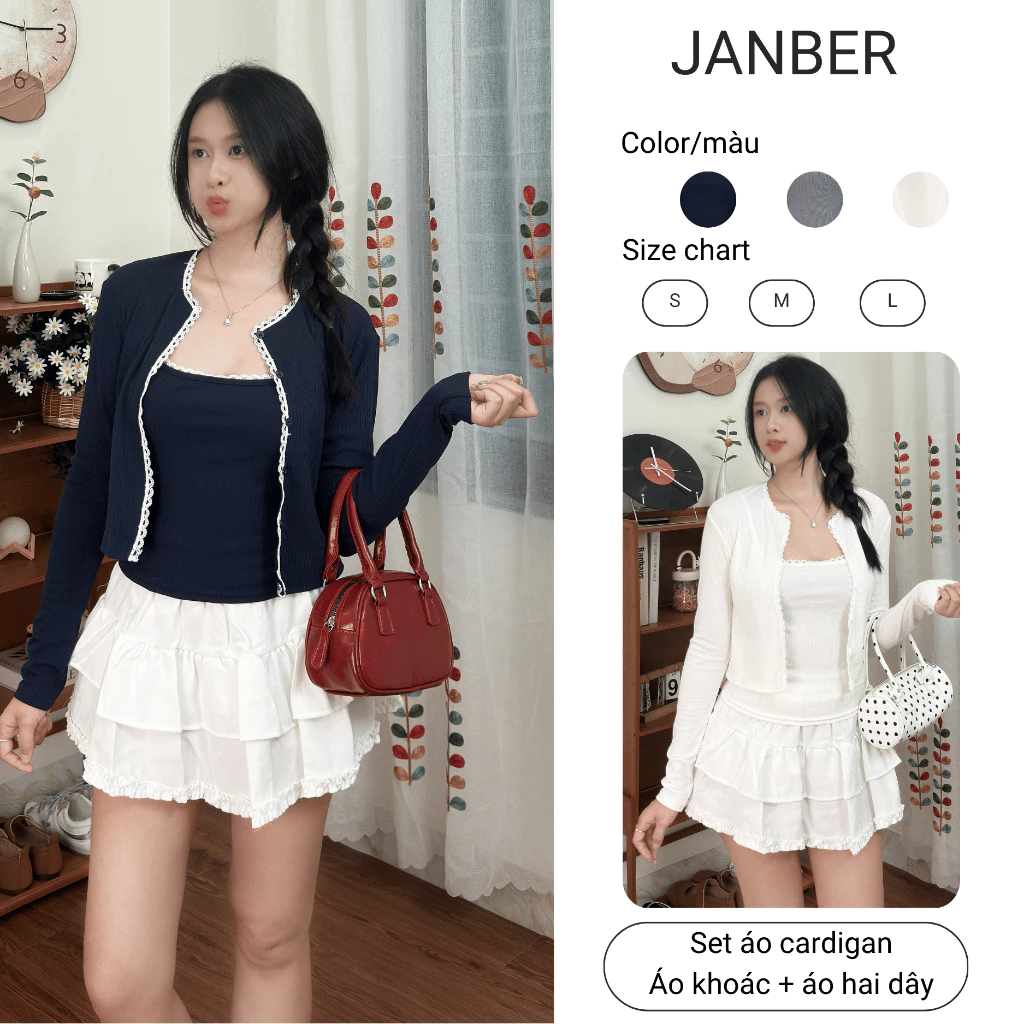 (JANBER - DEAL MỞ BÁN) Set Áo Khoác Cardigan Kiểu Nữ Kèm Áo Hái Dây Mỏng Nhẹ Siêu Xinh, Dễ Thương