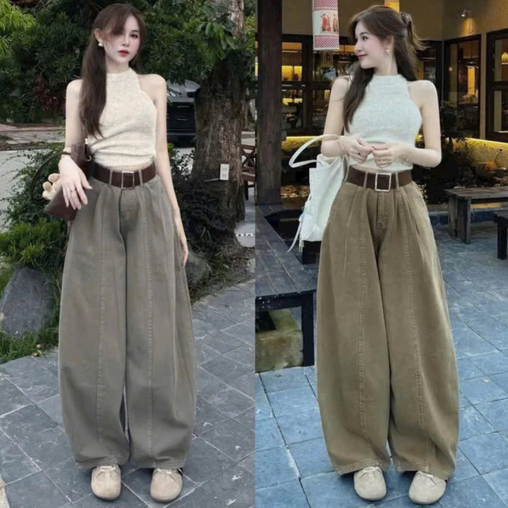 Quần jean ống rộng ly trước dáng thụng lưng cao hách dáng