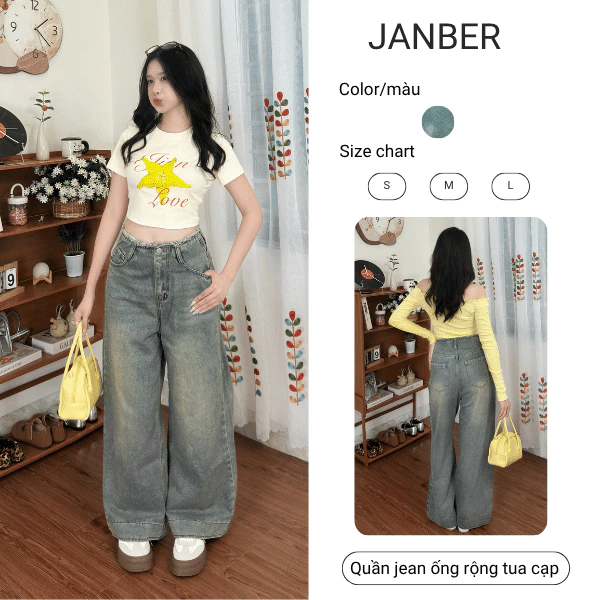 (JANBER - DEAL MỞ BÁN) Quần Jean Nữ Suông Ống Rộng Xanh Rêu Wash Vàng Nhẹ, Lưng Cao Tua Cạp 2 Cúc