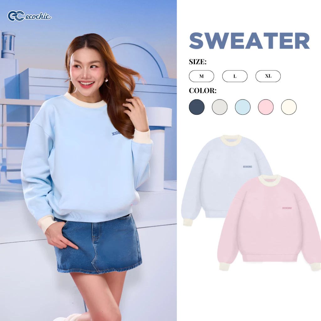 Áo Sweater Phối Tay ECOCHIC Form Rộng Basic Chất Liệu Nỉ Bông Mềm Mịn Giữ Ấm Chính Hãng B196