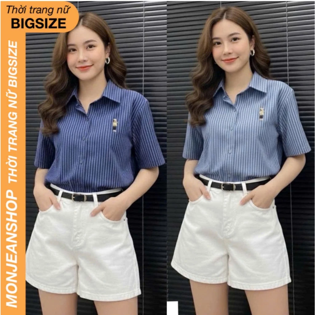 Áo sơ mi nữ tay ngắn Bigsize 55-85kg kẻ sọc có thêu dễ thương AT9025