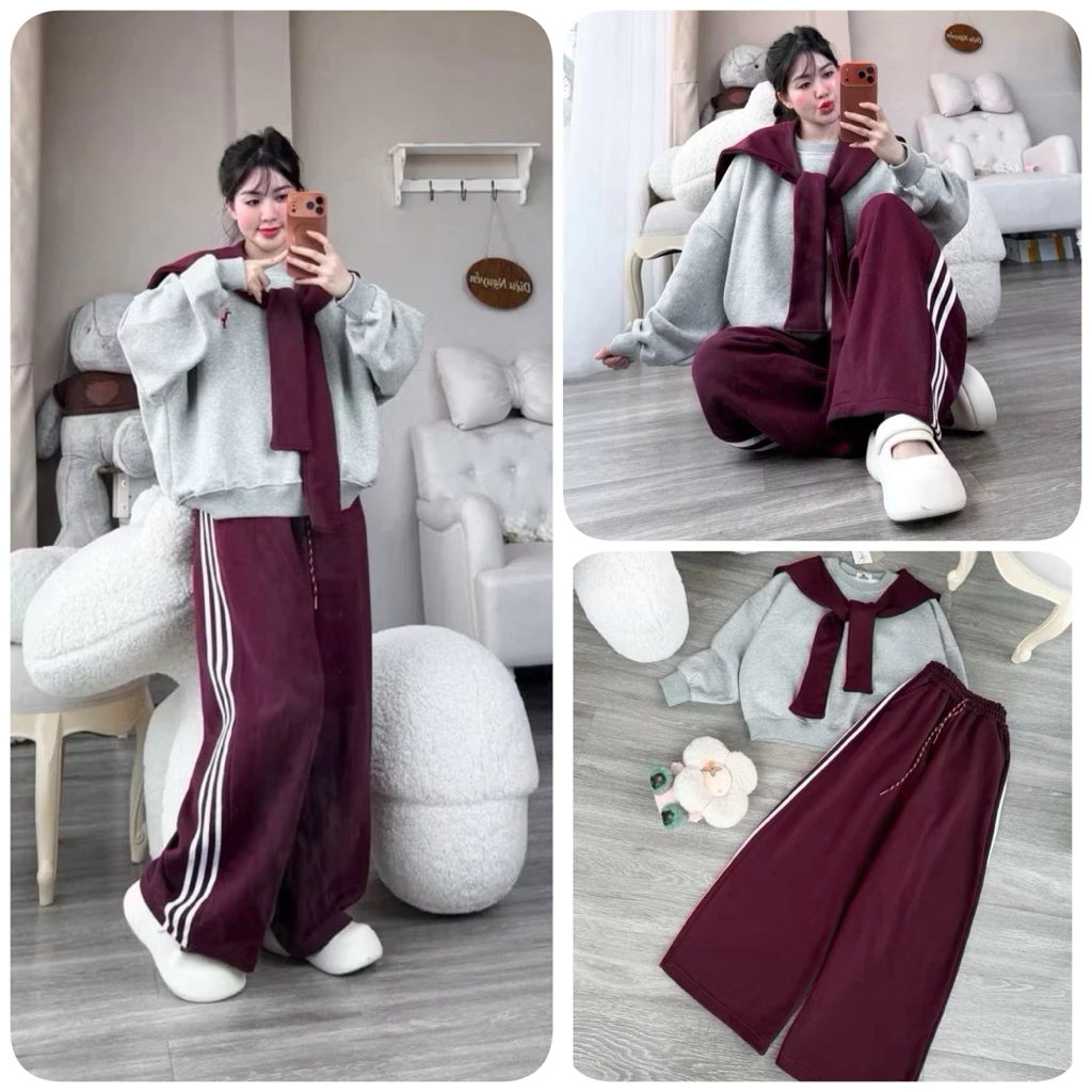 Set Bộ Nỉ Thu Đông Nữ .Áo Sweater Kèm Khăn Choàng Cổ + Quần Ống Suông Thể Thao Phong Cách Ulzzang Hàn Quốc Màu Xám Đỏ Đô