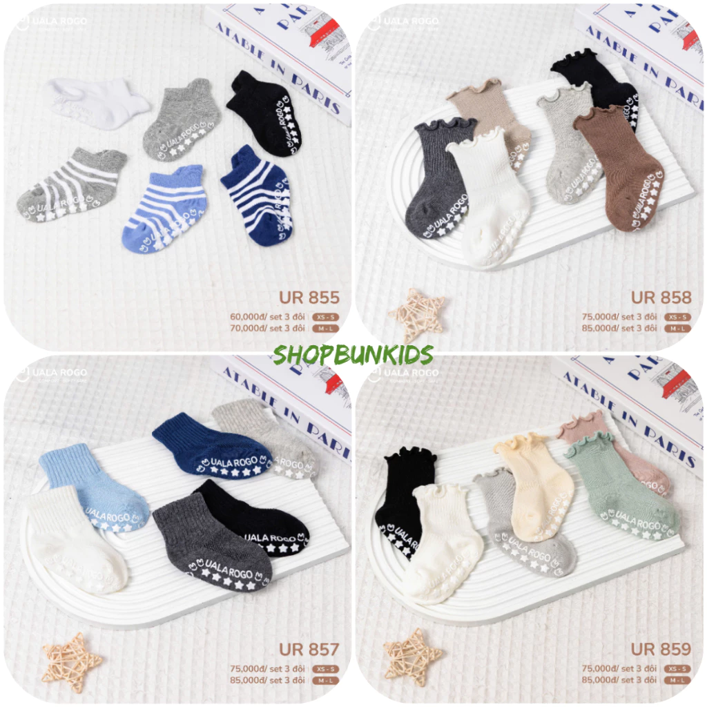 SET 3 đôi Tất chống trượt thu đông trẻ em UALA ROGO ấm áp bé sơ sinh 0-6M 6-12M 1-3Y 3-5Y