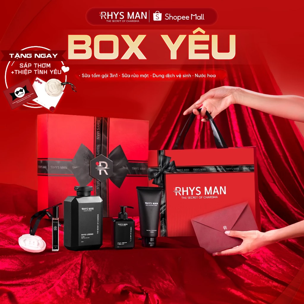 Quà tặng Valentine - Sữa tắm gội 3in1 350ml & Dung dịch vệ sinh 120ml & Sữa rửa mặt 100ml & Nước hoa nam 10ml RHYS MAN