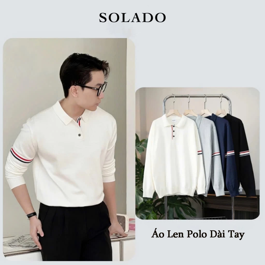 Áo Len Polo Nam SOLADO Dài Tay Nam Nữ Kẻ Sọc Thom Hàn Quốc Vải Lông Cừu Mềm Mại Giữ Nhiệt-POLO-ALEN