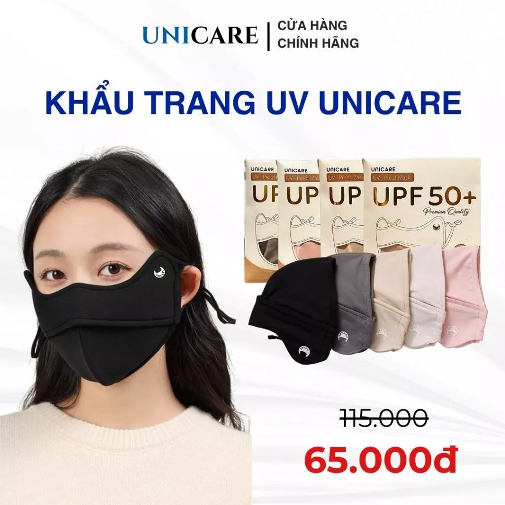 Combo 5 chiếc khẩu trang Unicare Proof Mask, khẩu trang chống tia UV chất liệu thấm hút tốt, có dây đeo điều chỉnh được