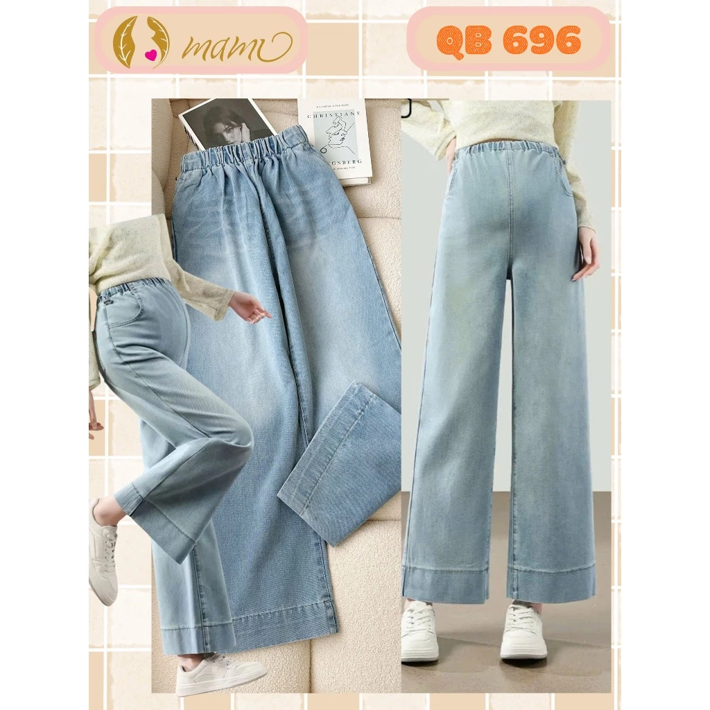 Quần jean bầu ống suông quần bầu MAMI QB1 quần bò bầu ống rộng có chun chỉnh bụng bầu chất liệu jean mềm cao cấp