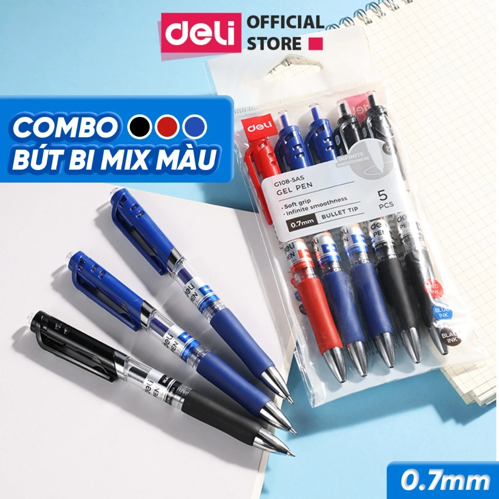 Set 5 Bút Bi Bấm Deli Ngòi 0.7mm Xanh/Đen/Đỏ Có Đệm Tay Nét Viết Siêu Mượt Nhanh Khô Tiện Lợi Văn Phòng Học Sinh
