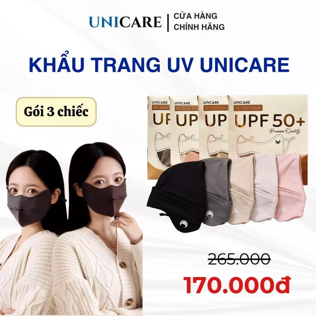 Combo 3 chiếc khẩu trang chống tia UV UNICARE PROOF MASK, khẩu trang chống nắng chất liệu mềm mại và thấm hút mồ hôi tốt