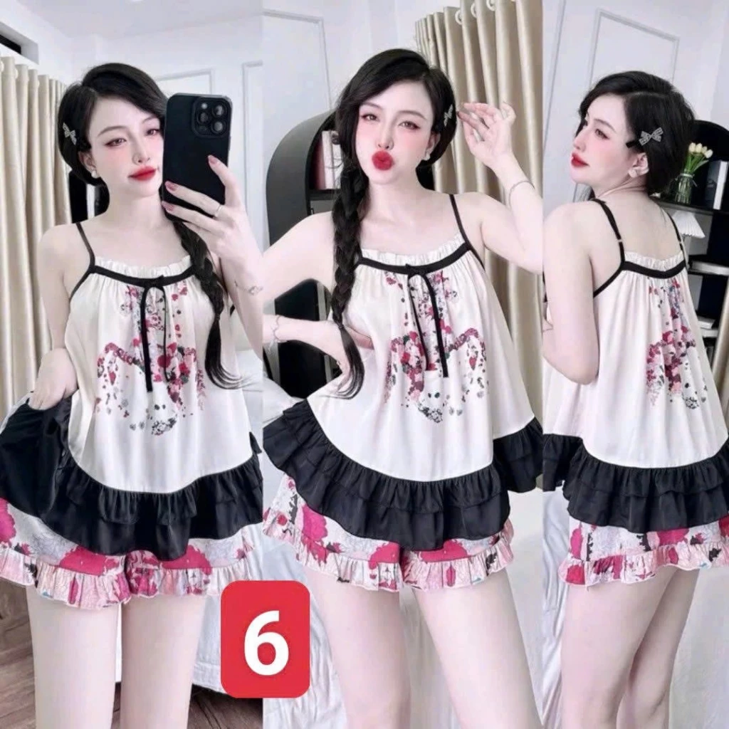 Set Cute 2 Dây BabyDoll L2 - Đồ Bộ Ở Nhà Xinh Lụa Latin Họa Tiết Hoa Bướm Dáng Xòe Dễ Thương Size 40-75kg