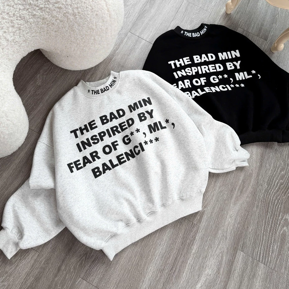 Áo sweater nỉ tàu L1 tay phồng form Boxy in nổi chữ Bad Min tay phồng ,chất liệu nỉ nam nữ unisex By Genz