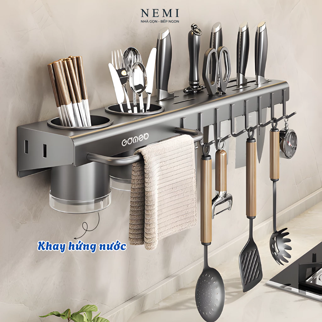 Giá để đũa dao NEMI, Kệ nhà bếp đa năng treo tường chất liệu thép không gỉ kèm ống đựng đũa và giá treo khăn