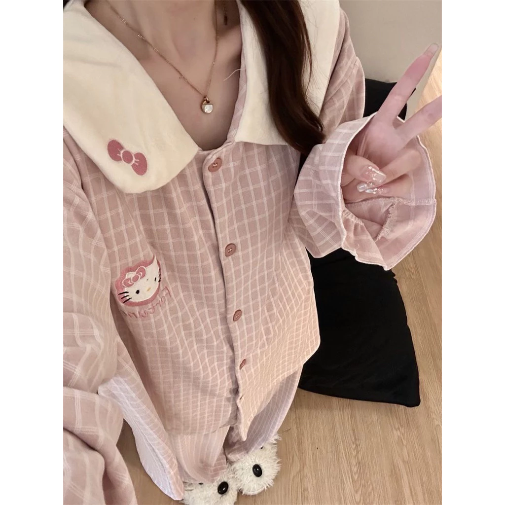 [751] Pijama đồ ngủ dài tay hồng Hello Kity cho nữ chất dày dặn form dáng rộng thoải mái mặc ở nhà, hoạ tiết đơn giản
