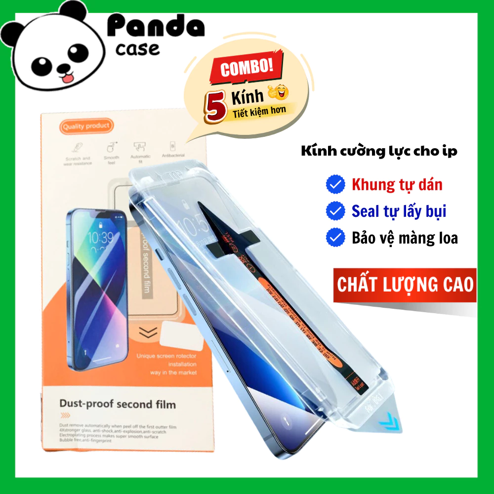 COMBO 5 Kính cường lực Tự hút bụi kèm Khung dán CAO CẤP cho iphone 17 ProMax ..14 Pro Max 14 Plus 13 12 11 15 16 Xs X Xr