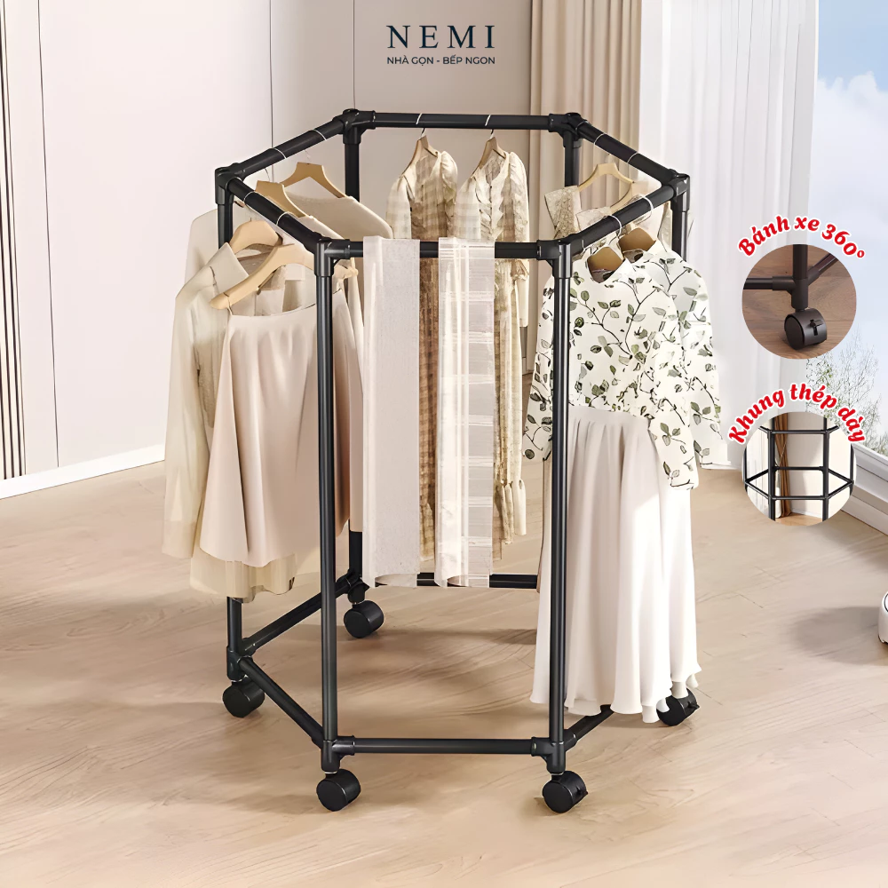 Giá Phơi Đồ Xoay 360 Độ NEMI Có Bánh Xe Di Chuyển, Cây Treo Quần Áo Ban Công, Phòng Ngủ Chịu Lực Tốt