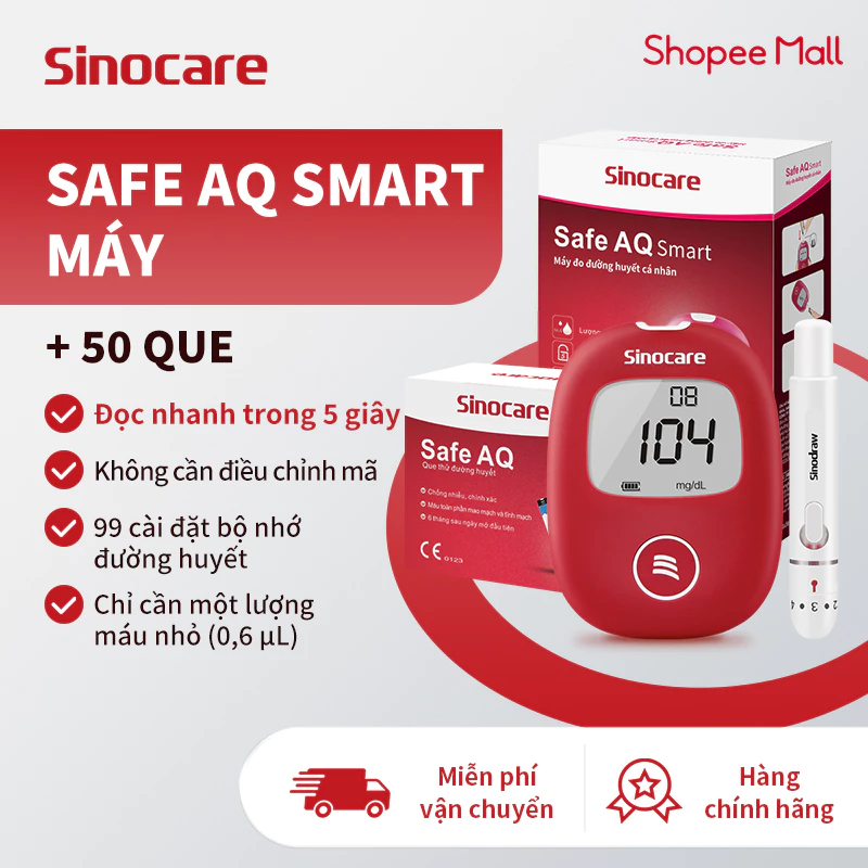 Máy Đo Đường Huyết Safe AQ Smart SINOCARE VIETNAM Tặng kèm 50 Que thử Và 50 Kim
