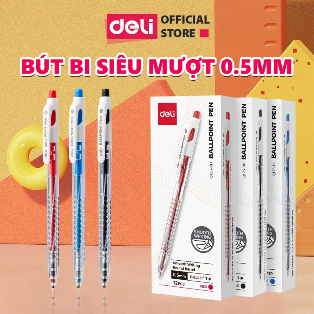 [Deli VPP] Combo 5/12 Bút Bi Ngòi 0.5mm Deli Cao Cấp Xanh/Đen/Đỏ Nét Thanh Mảnh Nét Mực Trơn Phù Hợp Học Sinh Văn Phòng