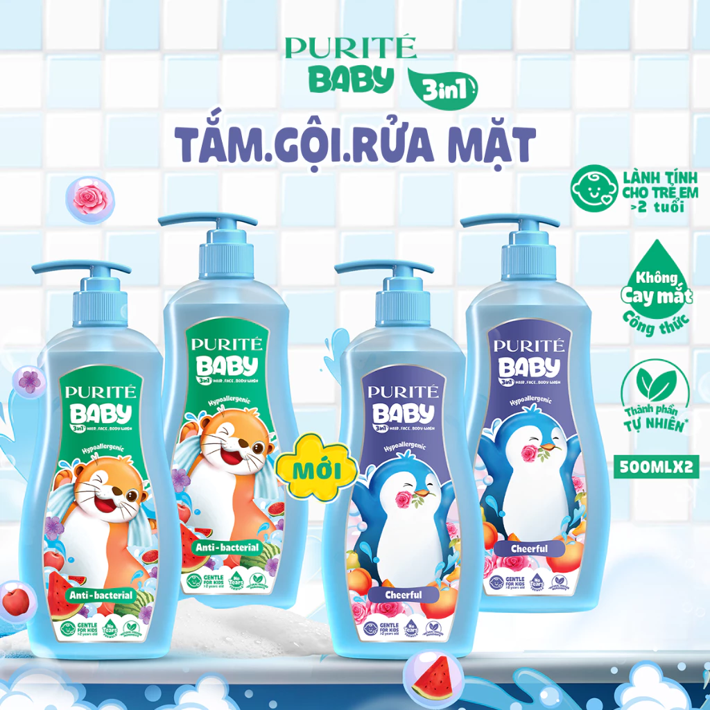 [MỚI RA MẮT] Combo 2 Sữa Tắm Gội Rửa Mặt 3in1 Purité Baby Kháng Khuẩn/ Vui Nhộn 500MLx2