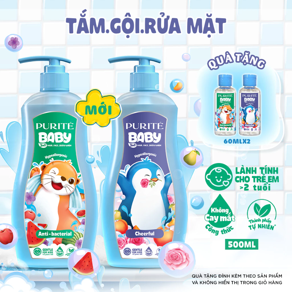 [MỚI RA MẮT] Sữa Tắm Gội Rửa Mặt 3in1 Purité Baby Kháng Khuẩn/ Vui Nhộn 500ML Tặng 2 Sữa Tắm Gội Rửa Mặt 60ML/Lăn 20ML