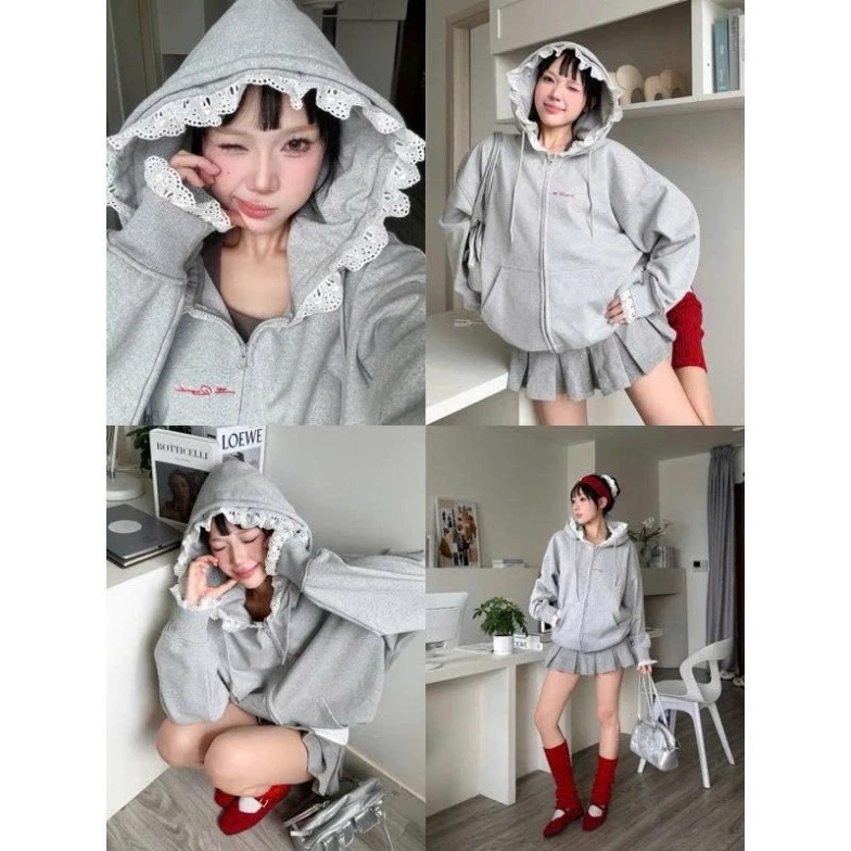 𝑴𝒐𝒏𝒔𝒕𝒂_𝑺𝒕𝒖𝒅𝒊𝒐// Áo Khoác Hoodie Nữ Phối Ren Nón Và Tay Nón Rộng Regods Hoodie Zip Nỉ 2 Da Dày Dặn