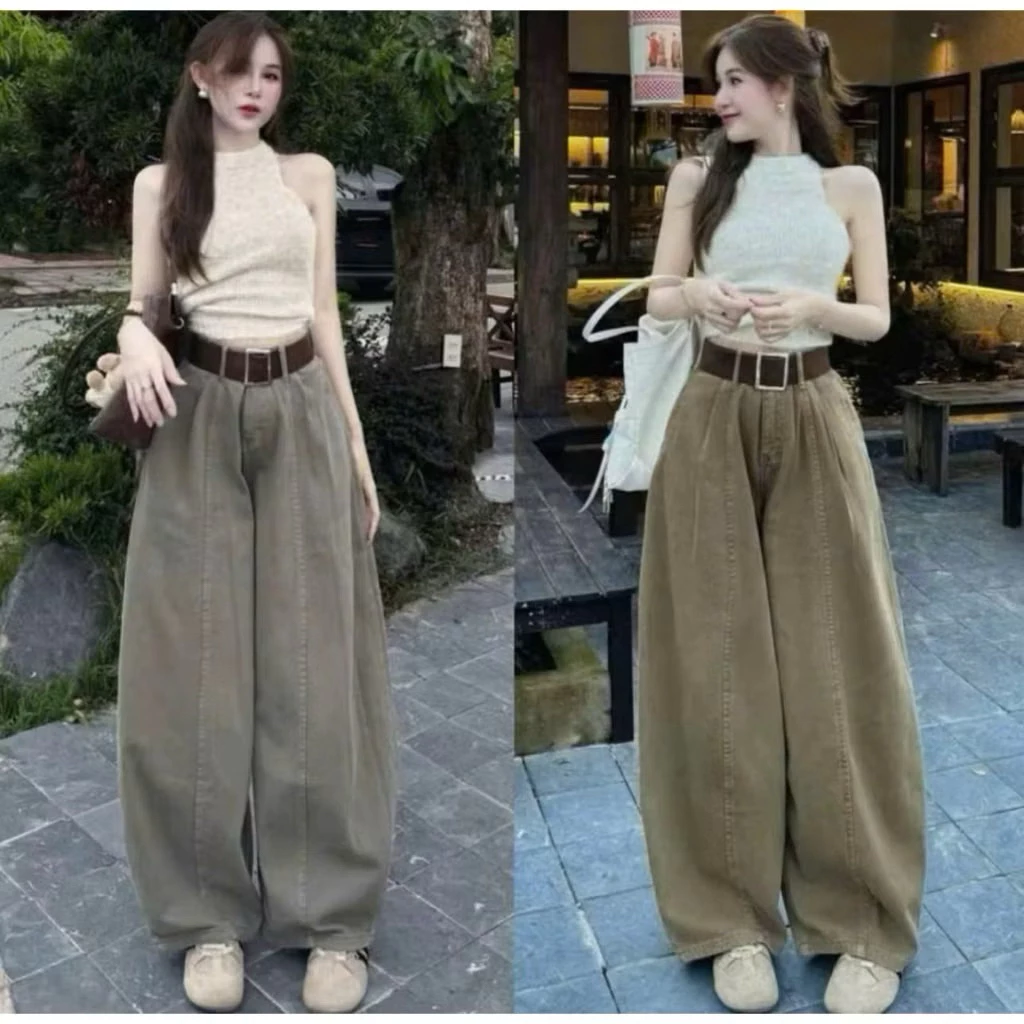 Quần jeans suông nhúm gân phom dáng thụng màu mới lạ basic dễ mặc tôn dáng