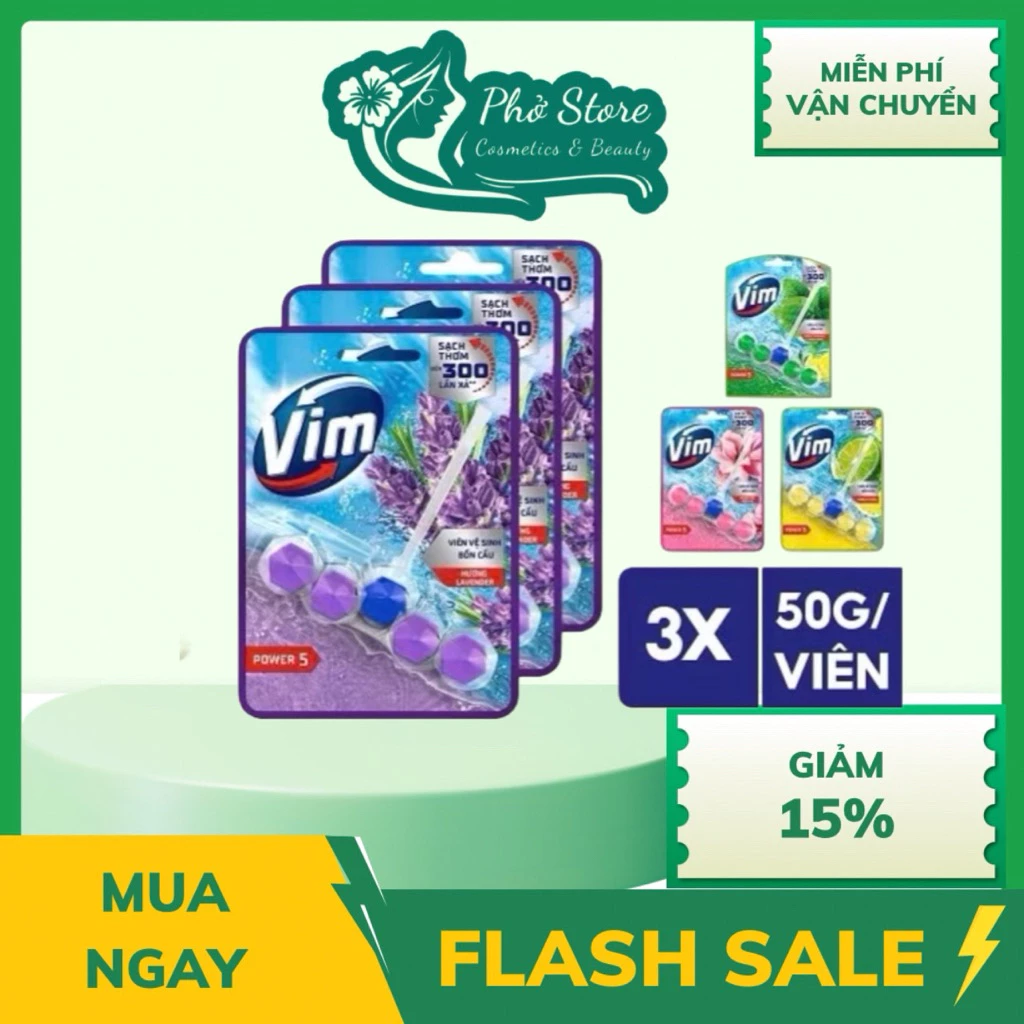 Combo 3 Vỉ Viên Treo Vệ Sinh Bồn Cầu Vim Power 5 | Sạch Thơm Đến 300 Lần Xả (50g-55g/viên)