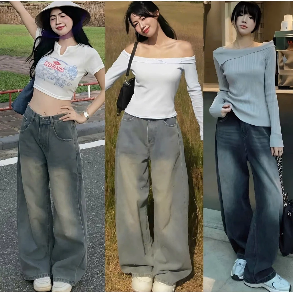 Quần Jean Nữ Ống Suông Lưng Cao Wash 3 Màu Retro Chất Vải Dày Dặn Đứng From Ống Rộng 25-27cm