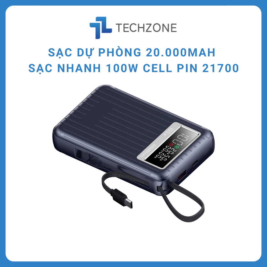 Sạc dự phòng TZ105W 20000mah hỗ trợ sạc nhanh 100W sử dụng được cho laptop và tất cả dòng điện thoại