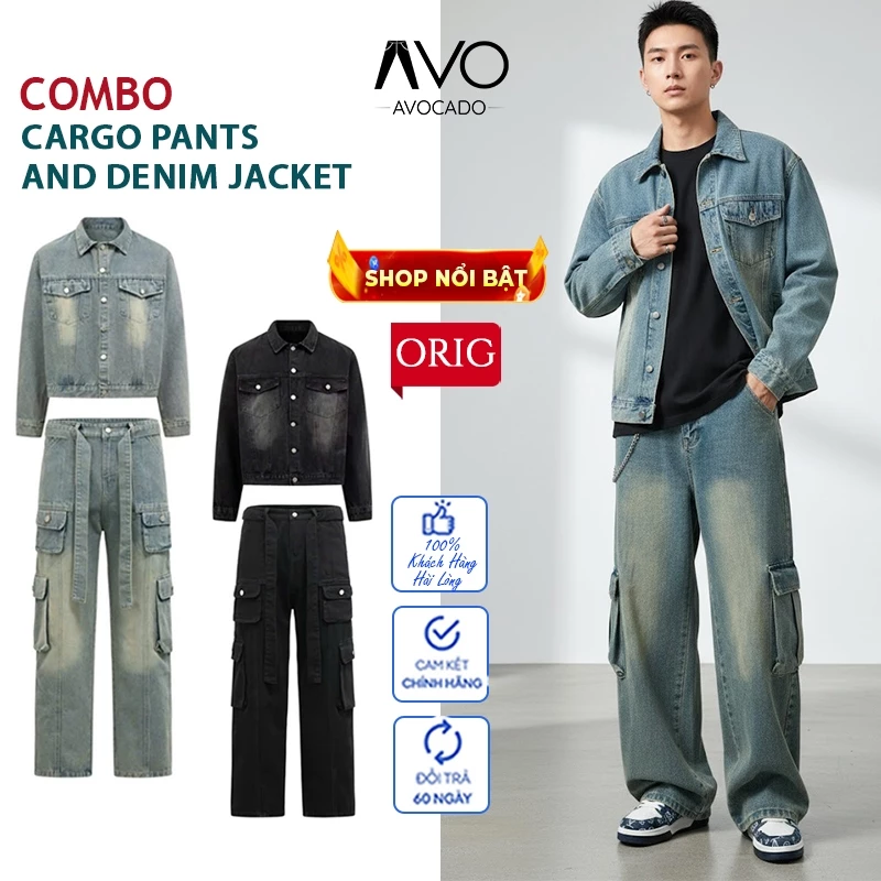 COMBO Quần Jean Denim CargoPants 8 túi ống rộng suông và Áo Khoác Jean Jacket Unisex Nam Nữ Phong cách bụi bặm Avocado