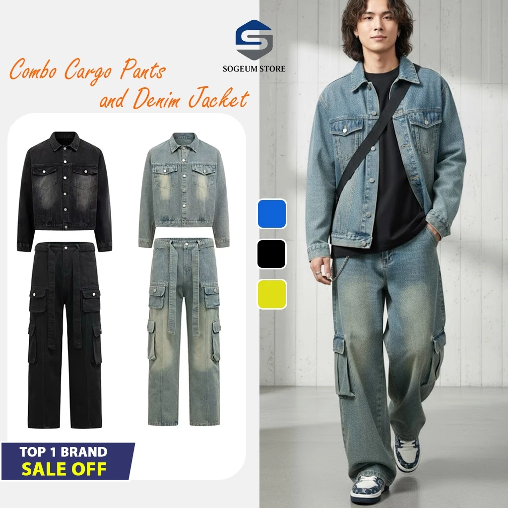 COMBO Quần Jean Denim CargoPants 8 túi ống rộng suông và Áo Khoác Jean Jacket Unisex Nam Nữ Phong cách bụi bặm
