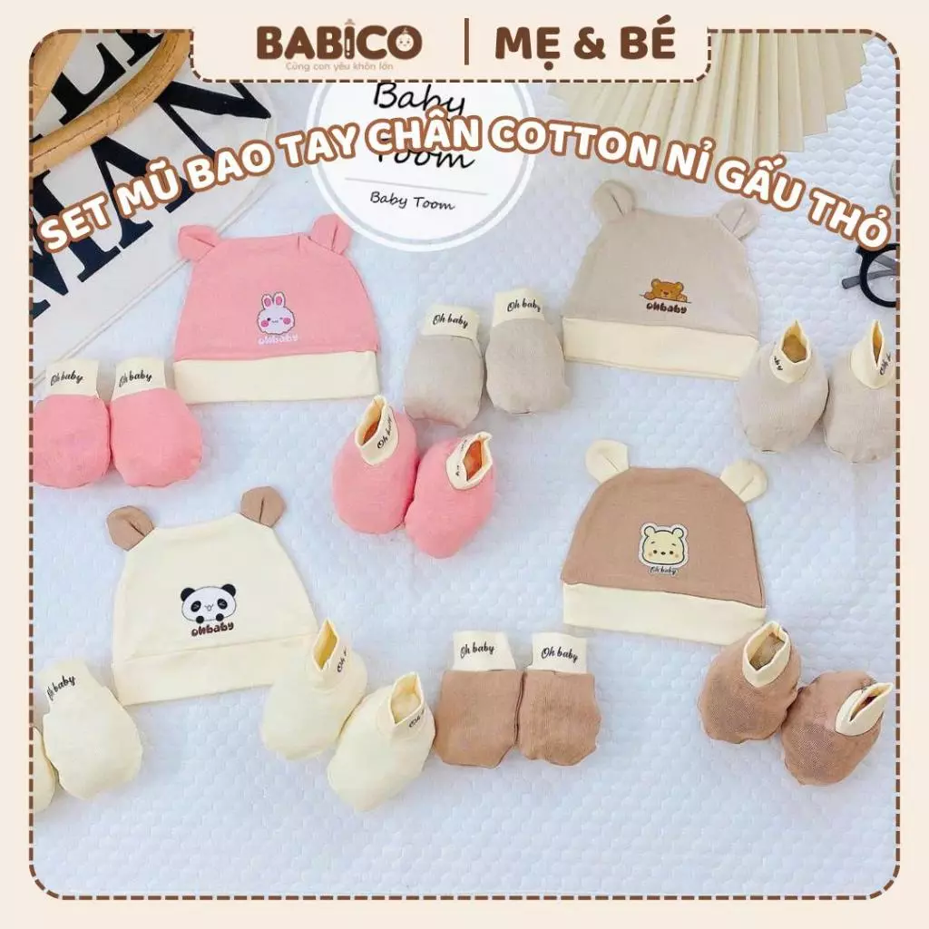 Set Mũ Kèm Bao Tay Bao Chân Baby Toom  Xuất Hàn Vải Petit Phối Màu  Đáng Yêu Cho Bé 0-3 Tháng (Mã Mới)