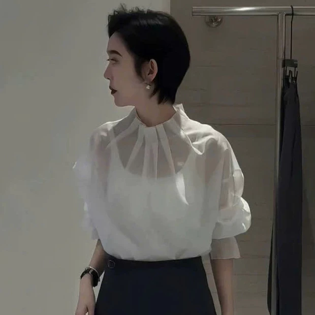 Áo Sơ Mi Nữ Tơ Óng Dài Tay Cổ Cao Xếp Ly Thanh Lịch Retrostyle Pearl Silk Công Sở Đi Làm Đi Học A.somicocao537