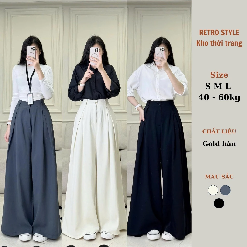 Quần ống rộng chất gold dáng suông xếp ly ống rộng 38cm dài chùm phủ chân Retrostyle Q.goldxuong480