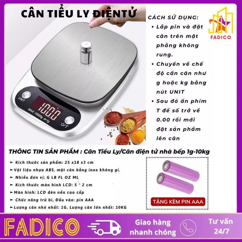Cân tiểu ly điện tử độ chính xác 0.1gr cân tối đa 10kg,cân nhà bếp dùng pin AAA mã C305 chính xác cao-Fadico