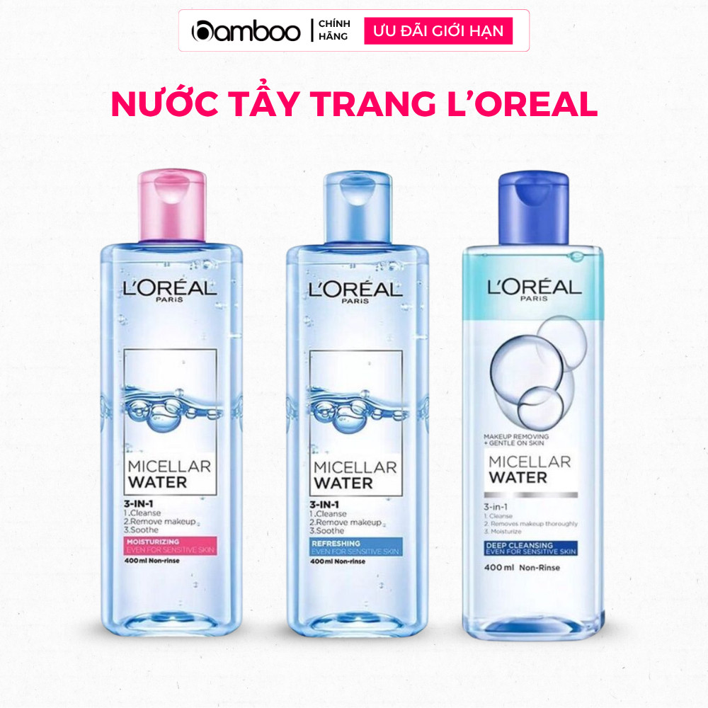Nước tẩy trang L’Oreal Micellar Water 3in1 làm sạch sâu, tẩy trang dịu nhẹ, cấp ẩm mềm mịn da