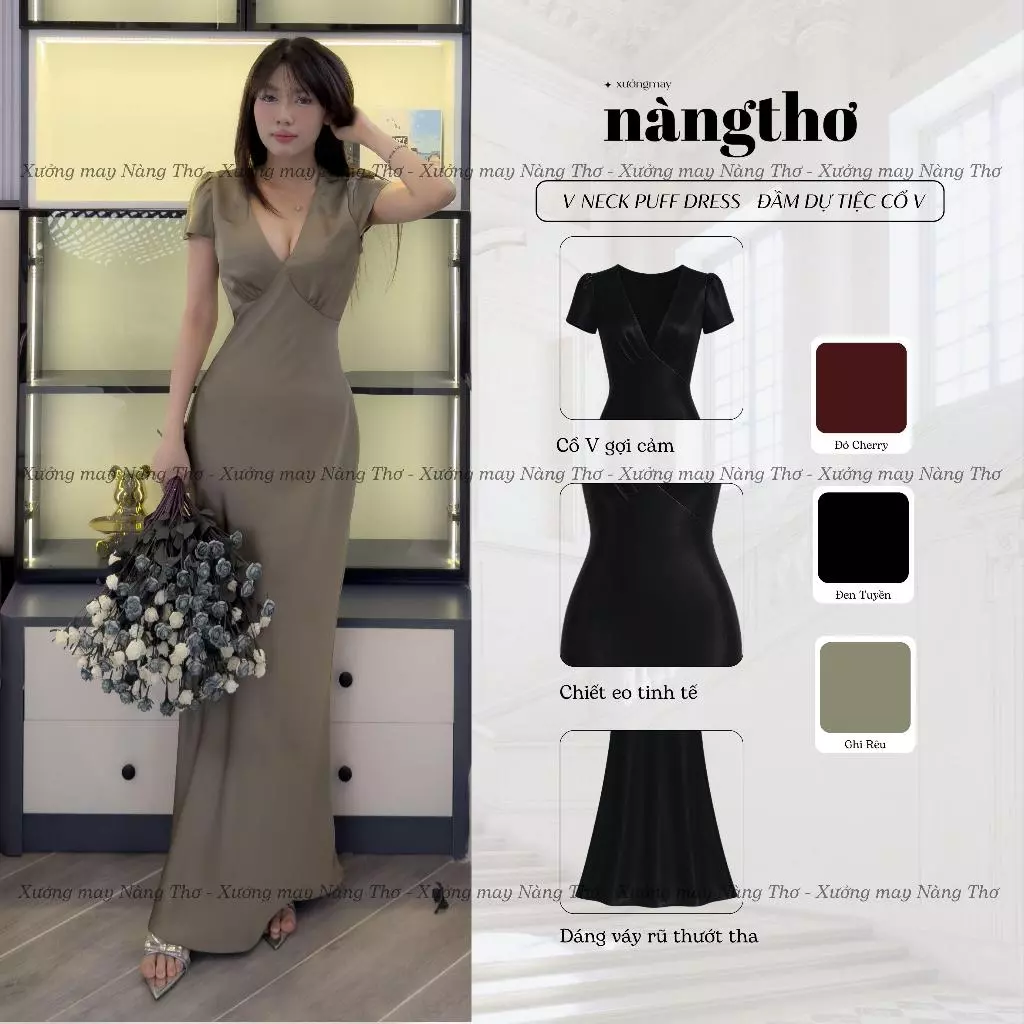 387 V-Neck Puff Dress - Đầm Dự Tiệc Lụa Tô Châu Cổ V Tay Phồng Dáng Dài Suông Nhẹ