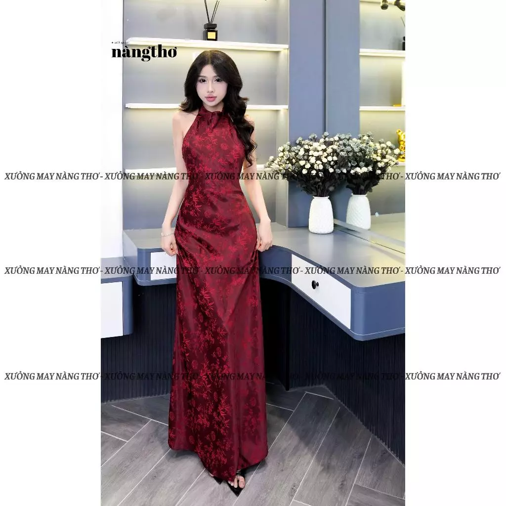 391 Seraphine Dress - Đầm Dài Cổ Yếm Chất Lụa Gấm Tô Châu Cao Cấp Dự Tiệc Sang Trọng