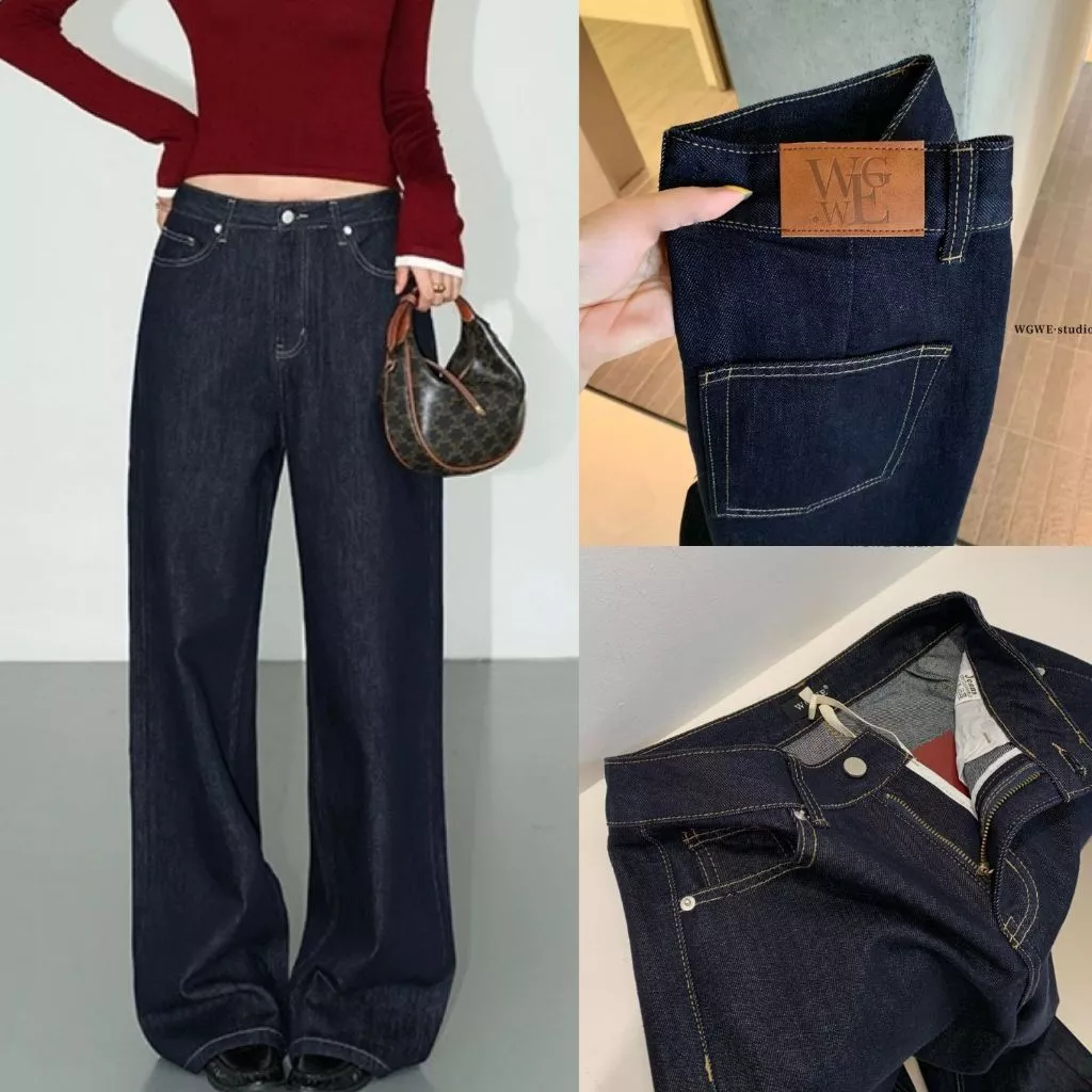 WGWE Quần Jeans Nữ 7901 Màu Đậm Lưng Cao Ống Rộng – Jean Dày Dặn, Dáng Basic Tôn Dáng