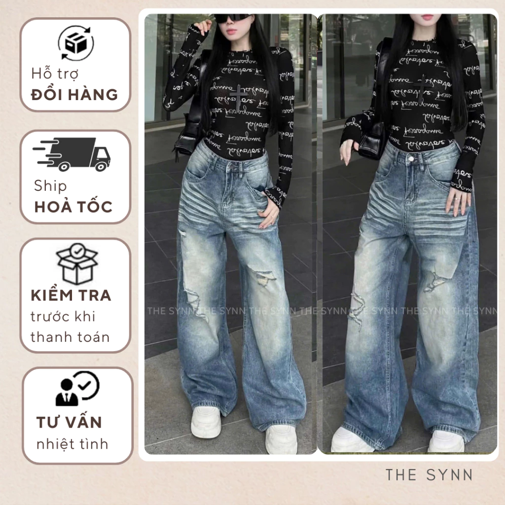 QJ68 - Quần Jean Nữ Ống Rộng Wash Xanh Phối Rách Râu Mèo Phong Cách