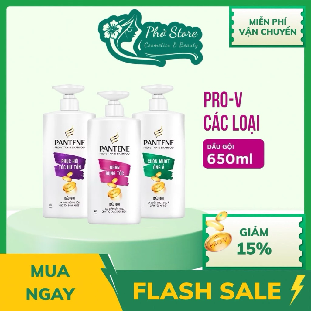 Dầu Gội PANTENE Pro-V Ngăn Rụng Tóc/ Phục Hồi Hư Tổn/ Suôn Mượt Óng Ả/ Giảm Gàu/ Dưỡng Ẩm - Chai 650ML