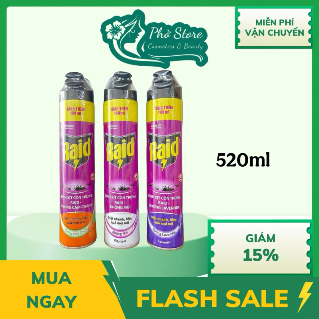 RAID Bình xịt côn trùng Hương Cam Chanh, Không mùi,Lavender 520ml